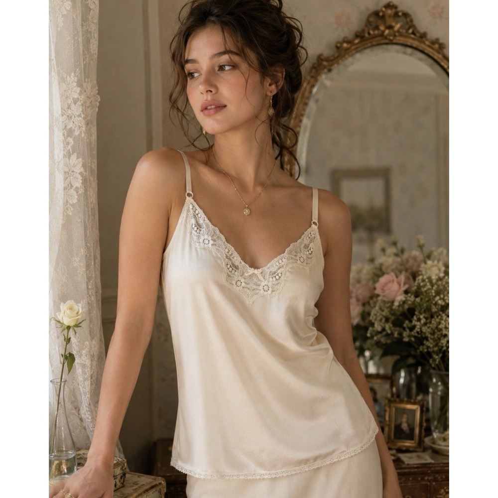 Vintage Maidenform Lace Satin Cami Tank Womens 36 Ivory Coquette USA 70s Flaw